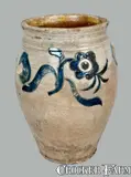 J. Remmey, Rare J. REMMEY / MANHATTAN WELLS, NY Stoneware Crock w/ Elaborate Incised Floral Decoration
