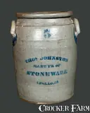Thos. Johnston, 5 Gal. THOS. JOHNSTON / APOLLO, PA Stoneware Crock, circa 1875, Stoneware
