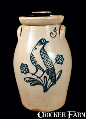 T. Harrington, T. HARRINGTON / LYONS Stoneware Churn with Elaborate Bird Decoration, circa 1860, Stoneware