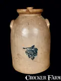 F. T. WRIGHT / TAUNTON, MA Stoneware Crock with Stenciled Grapes Decoration by F.T. Wright, circa 1875, Stoneware, sold Jul 2012