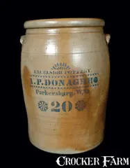A.P. Donaghho, Monumental 20 Gal. A. P. DONAGHHO / PARKERSBURG, WV Stoneware Crock, circa 1880, Stoneware