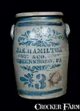 3 Gal. JAS. HAMILTON & CO. / GREENSBORO, PA Stoneware Crock by Jas. Hamilton & Co., circa 1875, Stoneware, sold Jul 2012