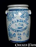 JAS. HAMILTON & CO. / GREENSBORO, PA Stoneware Crock with Vibrant Rose Decoration by Jas. Hamilton & Co., circa 1875, Stoneware, sold Jul 2012