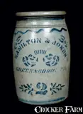HAMILTON & JONES / GREENSBORO, PA 2 Gal Stoneware Crock by Hamilton & Jones, circa 1875, Stoneware, sold Jul 2012