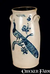 John Burger, Exceptional JOHN BURGER / ROCHESTER, NY Stoneware Churn with Peacock, circa 1860, Stoneware