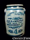 JAS. HAMILTON & CO. / GREENSBORO, PA Stoneware Crock by Jas. Hamilton & Co., circa 1875, Stoneware, sold Mar 2012