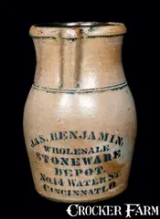 Jas. Benjamin, JAS. BENJAMIN / CINCINNATI, O. Stenciled Stoneware Pitcher, fourth quarter 19th century, Stoneware