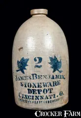 Jas. Benjamin, JAS. BENJAMIN / CINCINNATI, O Stoneware Jug with Leaf Decoration, circa 1875, Stoneware