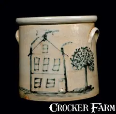 Haxstun & Co., Exceptional HAXSTUN & CO. / FORT EDWARD, NY Stoneware Crock w/ House Decoration, circa 1880, Stoneware