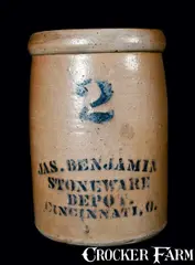 Jas. Benjamin Stoneware, JAS. BENJAMIN / STONEWARE / DEPOT / CINCINNATI, OH Crock, circa 1880, Stoneware