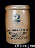 Jas. Benjamin Stoneware, JAS. BENJAMIN / STONEWARE / DEPOT / CINCINNATI, OH Crock, circa 1880, Stoneware