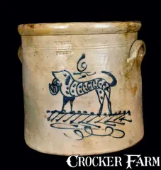 S. Hart, 6 Gal. S. HART / FULTON Stoneware Crock with Dog, circa 1860, Stoneware