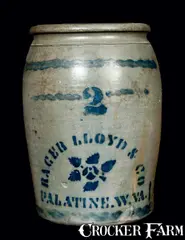 Lloyd & Co., 2 Gal. RACER, LLOYD & CO. / PALATINE, W. VA Stoneware Crock, circa 1875, Stoneware