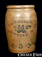 T.D. Harden, T. D. HARDEN / PALATINE, W. VA 3 Gal. Stoneware Crock, circa 1875, Stoneware