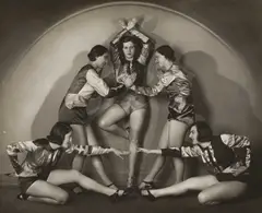 Kitty Hoffmann, Posing dance group, 1930, Vintage silver print on double-weight semi-matte paper, in very good condition. Photographer's copyright stamp with handwritten number "4949" in pencil, annotation "Tanzgruppe Trude Goodwin" and handw