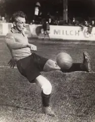 Lothar Rübelt, Matthias Sindelar, 1934, Vintage silver print on single-weight glossy paper, in very good condition. Titled "Ball Künstler Sindelar Austria" in pencil and with photographer's stamp with address "Wien I., Wollzeile 14/II.", on