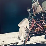Neil A. Armstrong, Apollo 11: Edwin Aldrin descends the steps of the Lunar Module ladder, July 20, 1969, Chromogenic vintage print on Kodak paper
