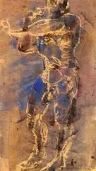 Mark Tobey, Männerakt, Kreide, Aquarell und Gouache auf dünnem knittrigem Papier