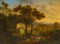 Hippolyte Lecomte, Ideale Landschaft mit Reisenden vor den Toren einer norditalienischen Stadt, Öl auf Leinwand