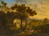 Hippolyte Lecomte, Ideale Landschaft mit Reisenden vor den Toren einer norditalienischen Stadt, Öl auf Leinwand