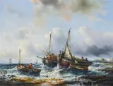 François Musin, Boote in bewegter See an der Küste, Öl auf Leinwand