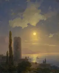 Ivan Kontantinovic Ajvasovskij, Auf der Krim. Blick auf den Ayu Dag bei Mondschein, Öl auf Leinwand
