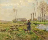 Schäfer mit seiner Herde im Vorfrühling by Hugo Mühlig, Öl auf Leinwand, sold Nov 2016