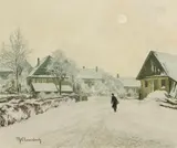 Max Clarenbach, "Dorfstrasse im Winter", Öl auf Leinwand