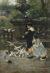 Eugène Joors, Kinder mit Tauben im Park, Öl auf Leinwand