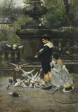 Eugène Joors, Kinder mit Tauben im Park, Öl auf Leinwand