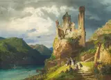 August von Wille, Reisende an einer Ruine im Rheintal, Öl auf Leinwand