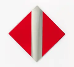 Getulio Alviani, Ohne Titel, Mischtechnik (gebürstetes Aluminium und roter Kunststoff)