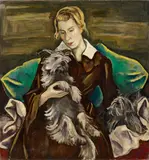 Bildnis Felicitas Haller mit ihren Skye-Terriern Romulus und Remus by Karl Hofer, Öl auf Leinwand, sold Jun 2016