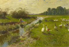 Adolf Lins, Gänse am Bach, Öl auf Leinwand
