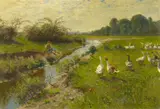 Adolf Lins, Gänse am Bach, Öl auf Leinwand