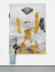 Korakrit Arunanondchai, My Trip to the White Temple #5, 2013, inkjet print, burnt denim, synthetic gold leaf on canvas