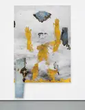 Korakrit Arunanondchai, My Trip to the White Temple #5, 2013, inkjet print, burnt denim, synthetic gold leaf on canvas