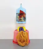 Jessica Stockholder, JS 386, 2003, birdcage, metal bracket, pink plastic tub, yellow plastic cake form, fake fur, thread, carpet, acrylic and oil paint