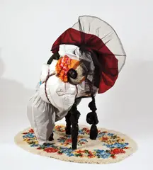Mamificent by Shinique Smith, 2007, Clothing, climbing rope, stool, plastic, doll, ribbon and carpet, sold Mar 2015