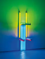 Untitled (to Lucie Rie, Master Potter) 1J by Dan Flavin, 1990, blue, yellow, red, green fluorescent light, offered Mar 2015