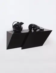 Haim Steinbach, ten second memos #7, 1991, plastic laminated wood shelf, ceramic pitcher, leather boxing glove