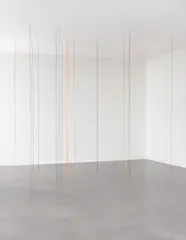 Fred Sandback, Broadway Boogie Woogie (Sculptural Study, Twenty-two part Vertical Construction), 1991/2006, red, yellow, blue acrylic yarn