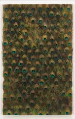 Untitled by Carol Bove, 2009, peacock feathers on linen, laid on board, in Plexiglas frame, sold May 2015