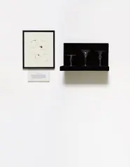 Josiah McElheny, The Development of Social Critique (The Designs of Jacopo Ligozzi), 1996-1998, wood shelf, blown glass, drawing on paper, text display