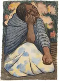 Diego Rivera, Mujer sentada en el mercado con rebozo azul y flores, 1937, watercolor on rice paper, laid on artist's board