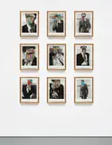Nino Cais, Sem título, (Série cabeça de pássaros), 2004, paper collage on magazine, in 9 parts