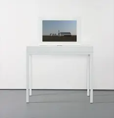John Gerrard, Oil Stick Work (Angelo Martinez, Richfield, Kansas), 2008, realtime 3-D video, plasma screen, artist's Corian frame on artist's Corian console table