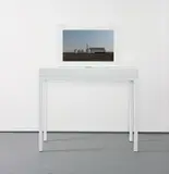 John Gerrard, Oil Stick Work (Angelo Martinez, Richfield, Kansas), 2008, realtime 3-D video, plasma screen, artist's Corian frame on artist's Corian console table