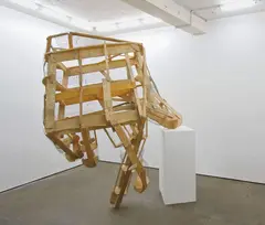 Peter Coffin, Untitled (Unfinished Hand), 2006, wood, wire mesh, iron rods, wooden pedestal