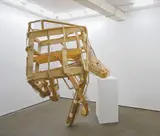 Peter Coffin, Untitled (Unfinished Hand), 2006, wood, wire mesh, iron rods, wooden pedestal